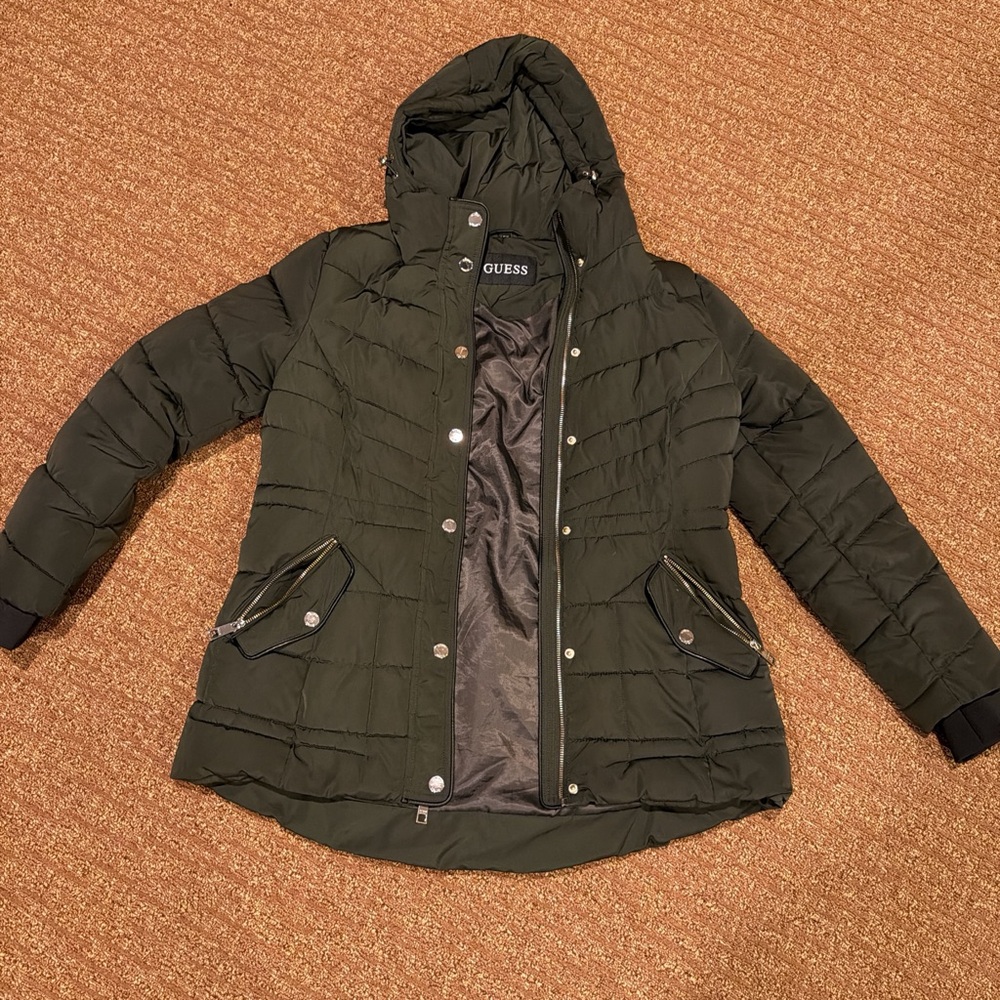 GUESS Dark Green Hooded Puffer Coat